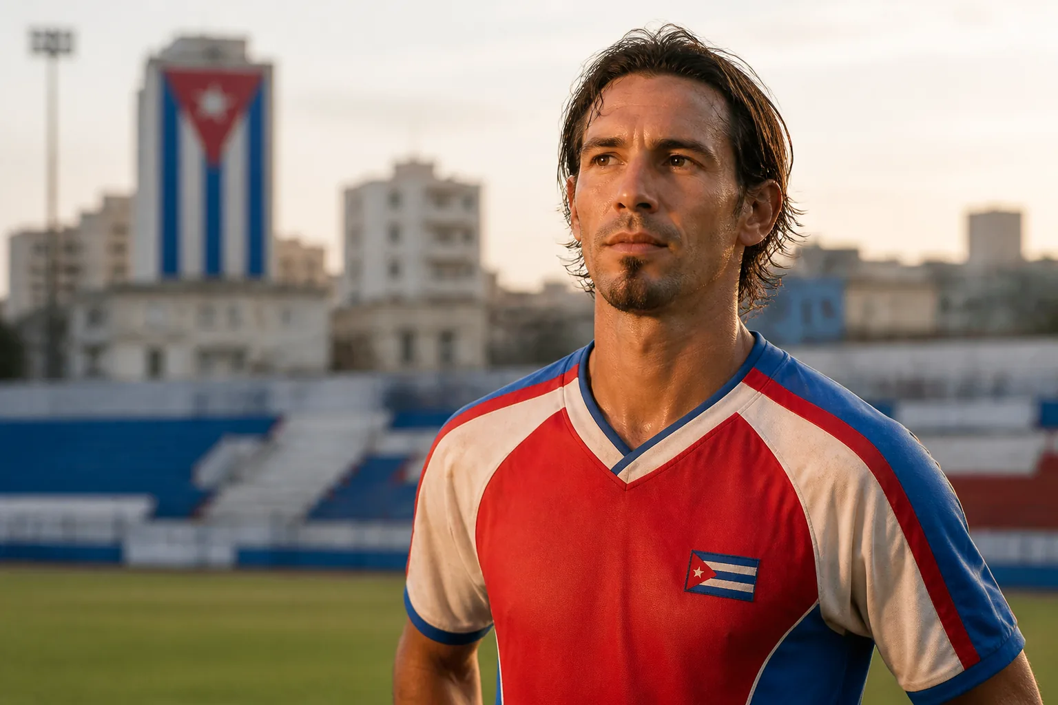 A fictional editorial portrait of Cuban international midfielder Osvaldo Alonso on a Havana football ground