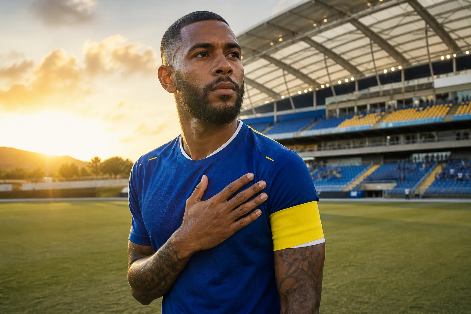 A fictional editorial portrait of Curaçao captain Leandro Bacuna in a blue national-team kit