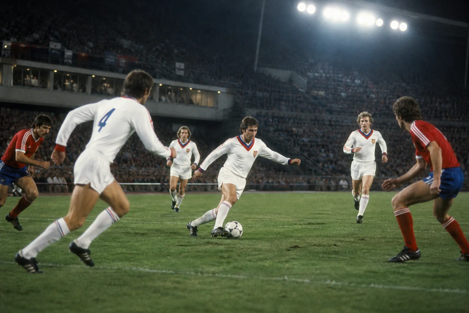 Fictional Czechoslovak footballers combining through midfield with elegant technical football