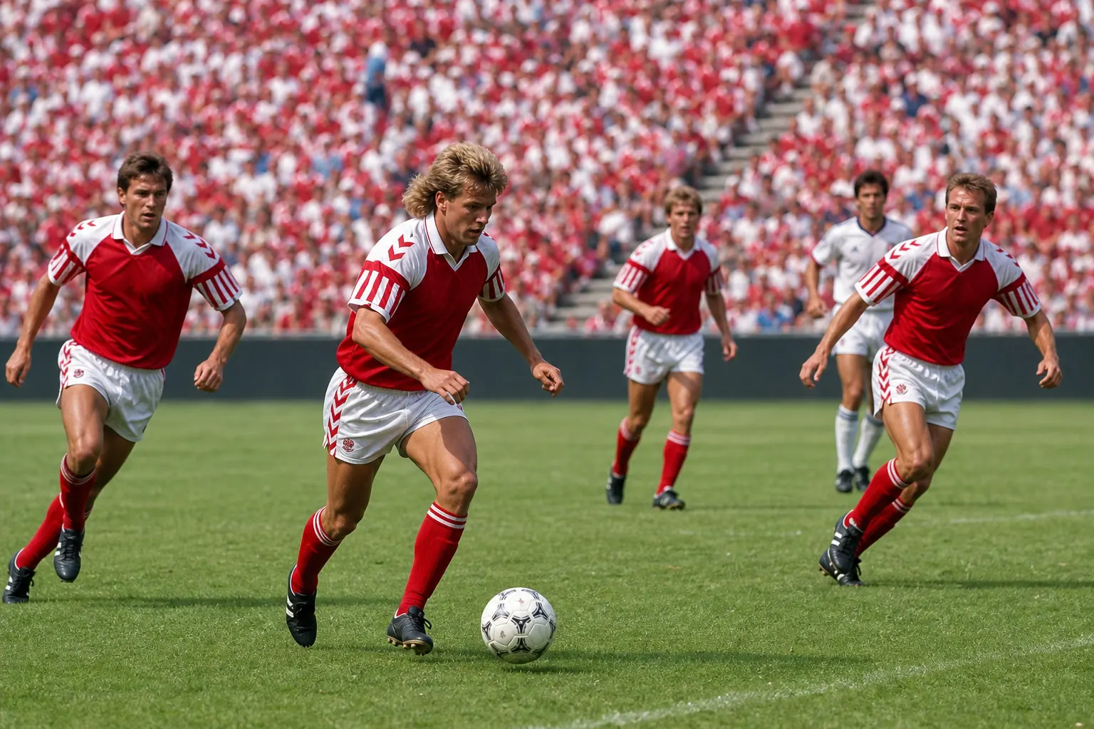 Fictional Danish footballers playing adventurous attacking football in a 1986 World Cup-style match