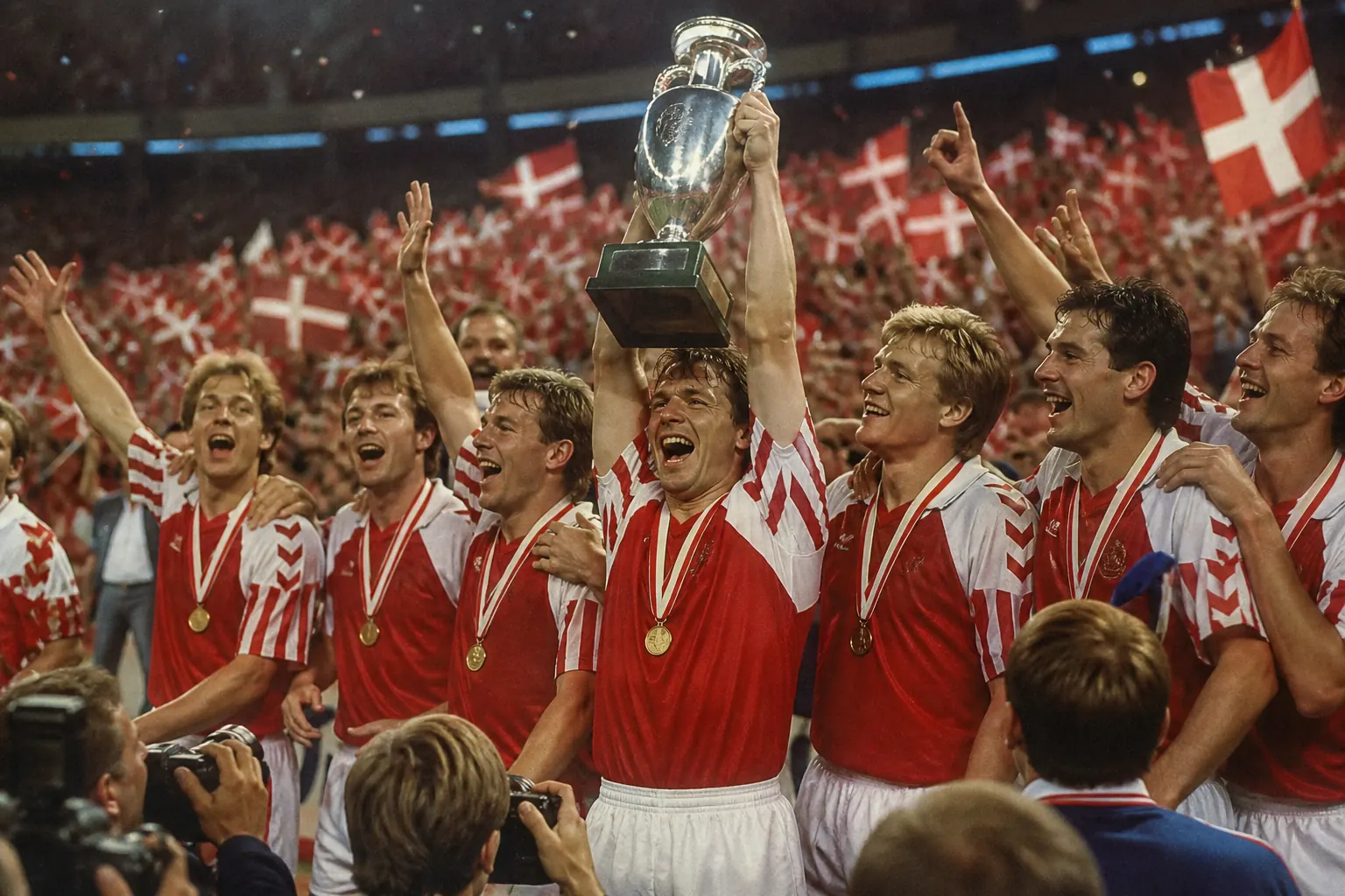 Fictional Danish footballers lifting the European Championship trophy after the 1992 miracle