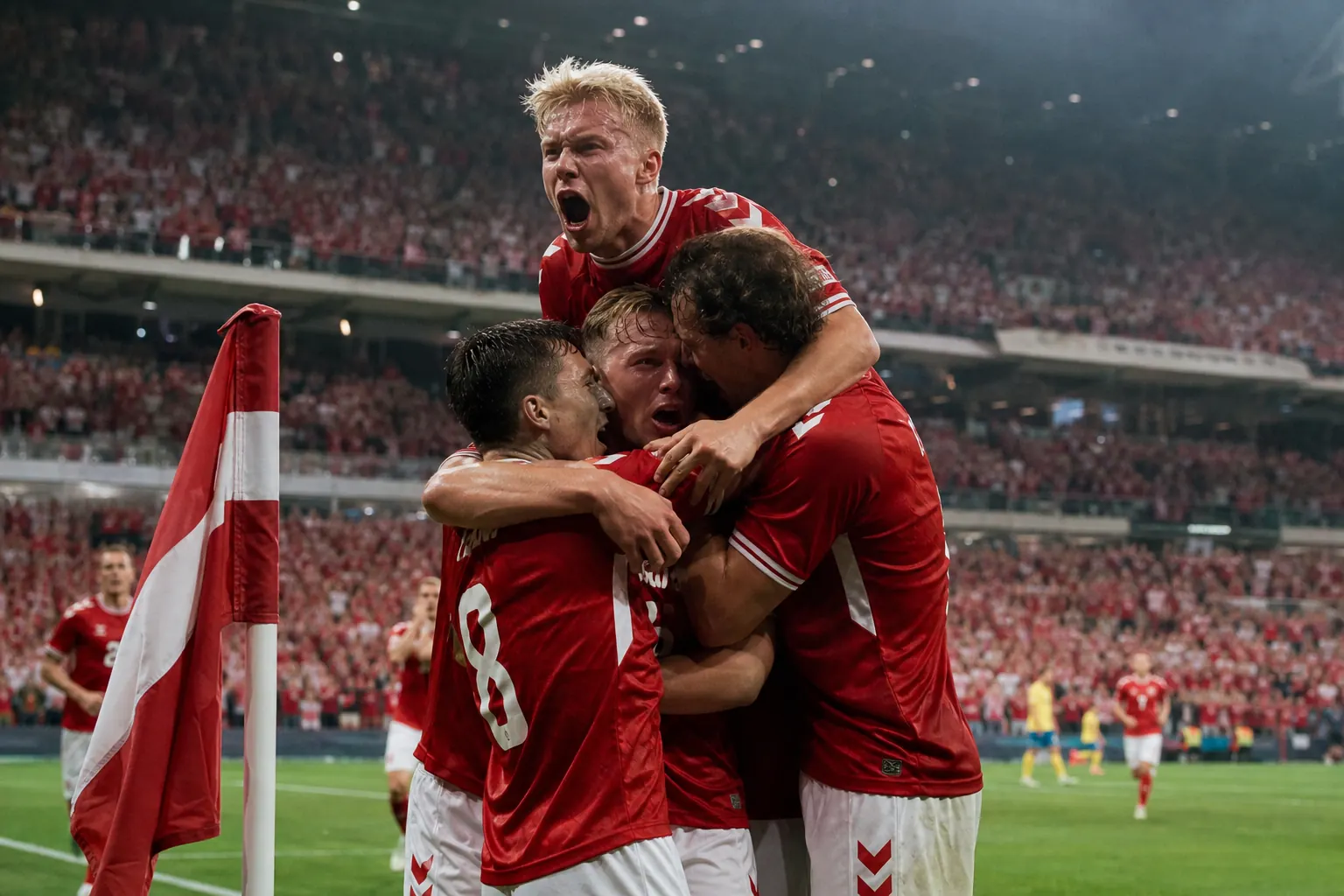Fictional Danish footballers celebrating a late equaliser in a modern European Championship semi-final