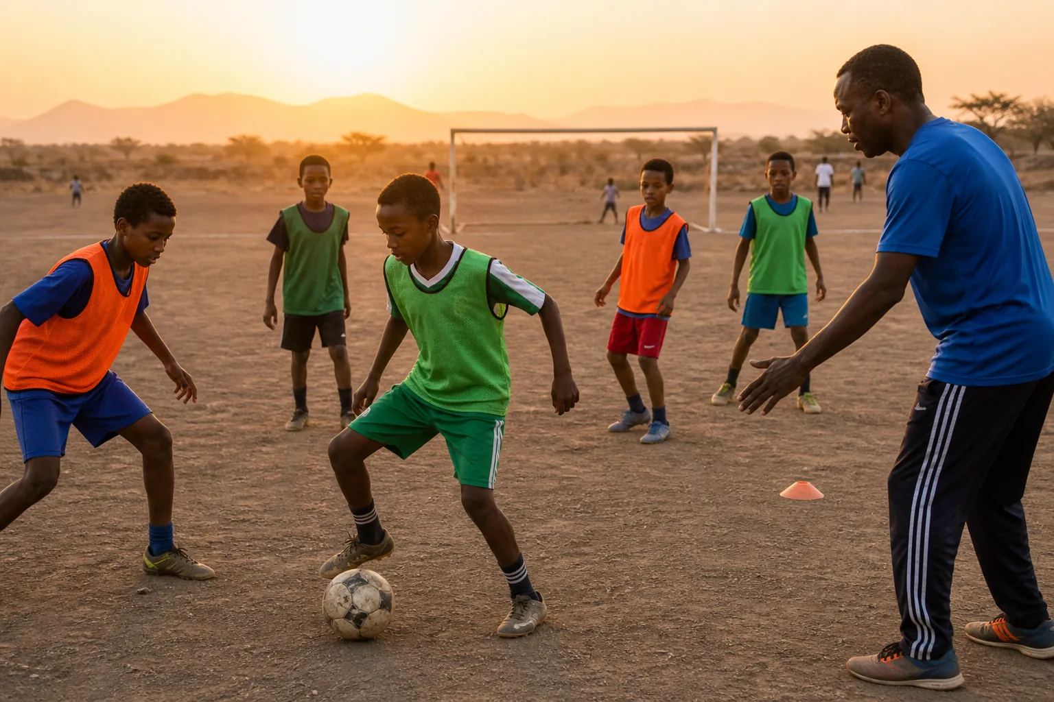 Young Djiboutian footballers training at sunset on a community pitch beside the Red Sea landscape