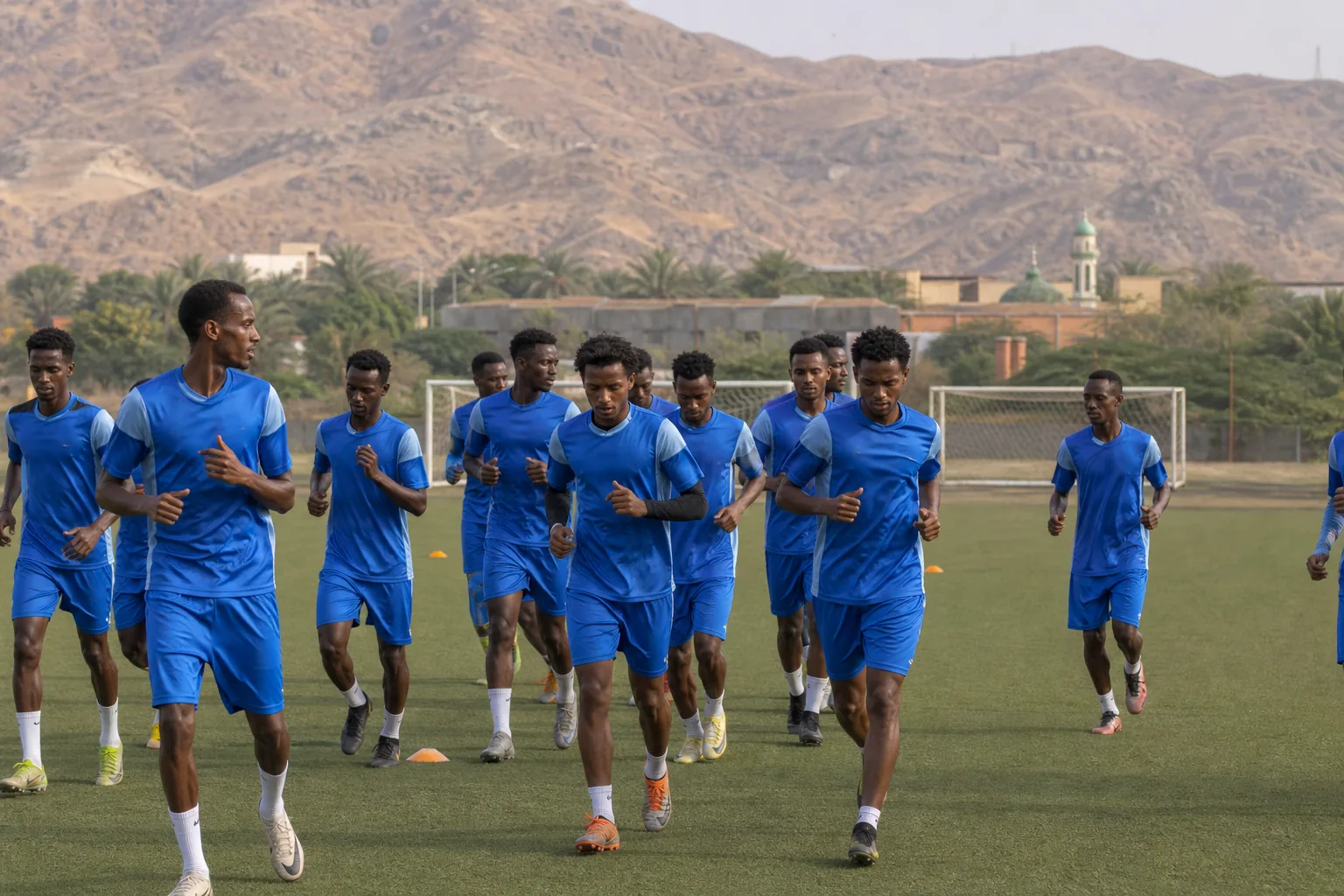 Djibouti national football team training together on a modest football pitch in Djibouti City