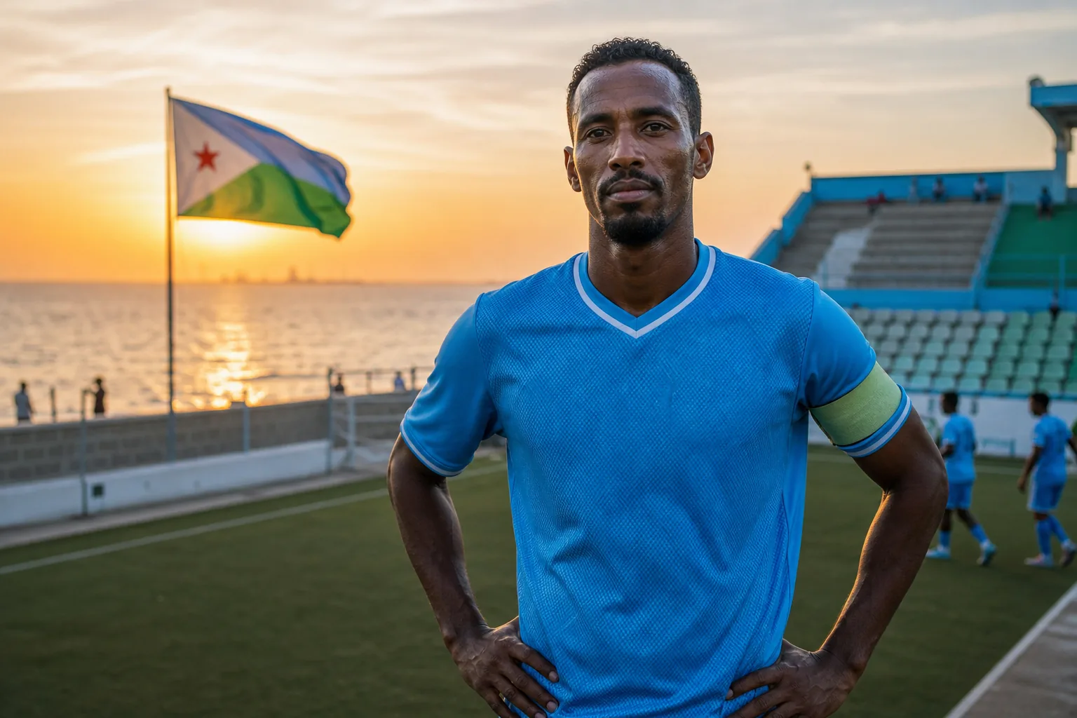 A fictional editorial portrait of Djibouti captain Daoud Wais on a Red Sea football ground