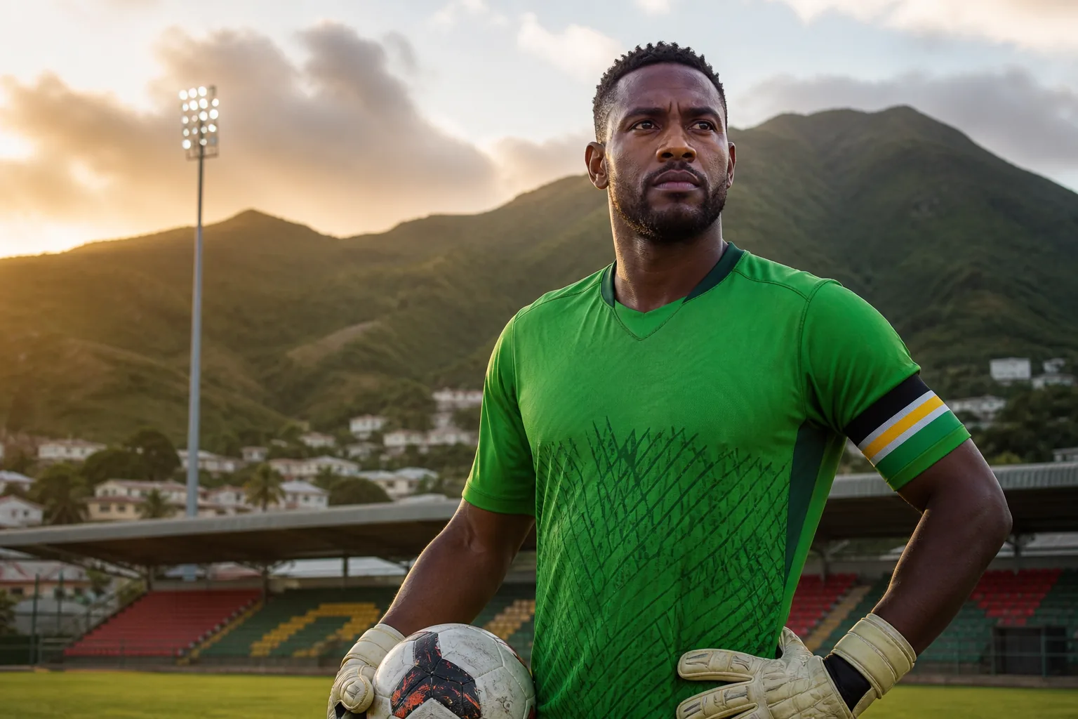 A fictional editorial portrait of Dominica captain Glenson Prince on a lush Nature Isle football ground