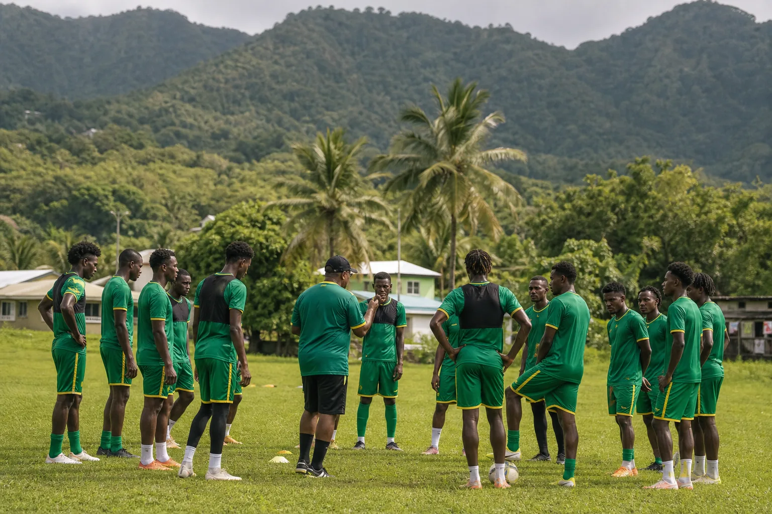 Dominica national football team, the Nature Boys, training together on a lush Caribbean community pitch