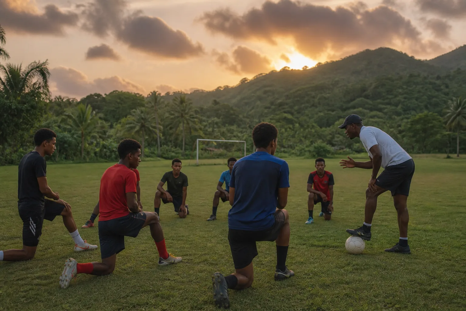 Young Dominican footballers training at sunset on a lush island pitch