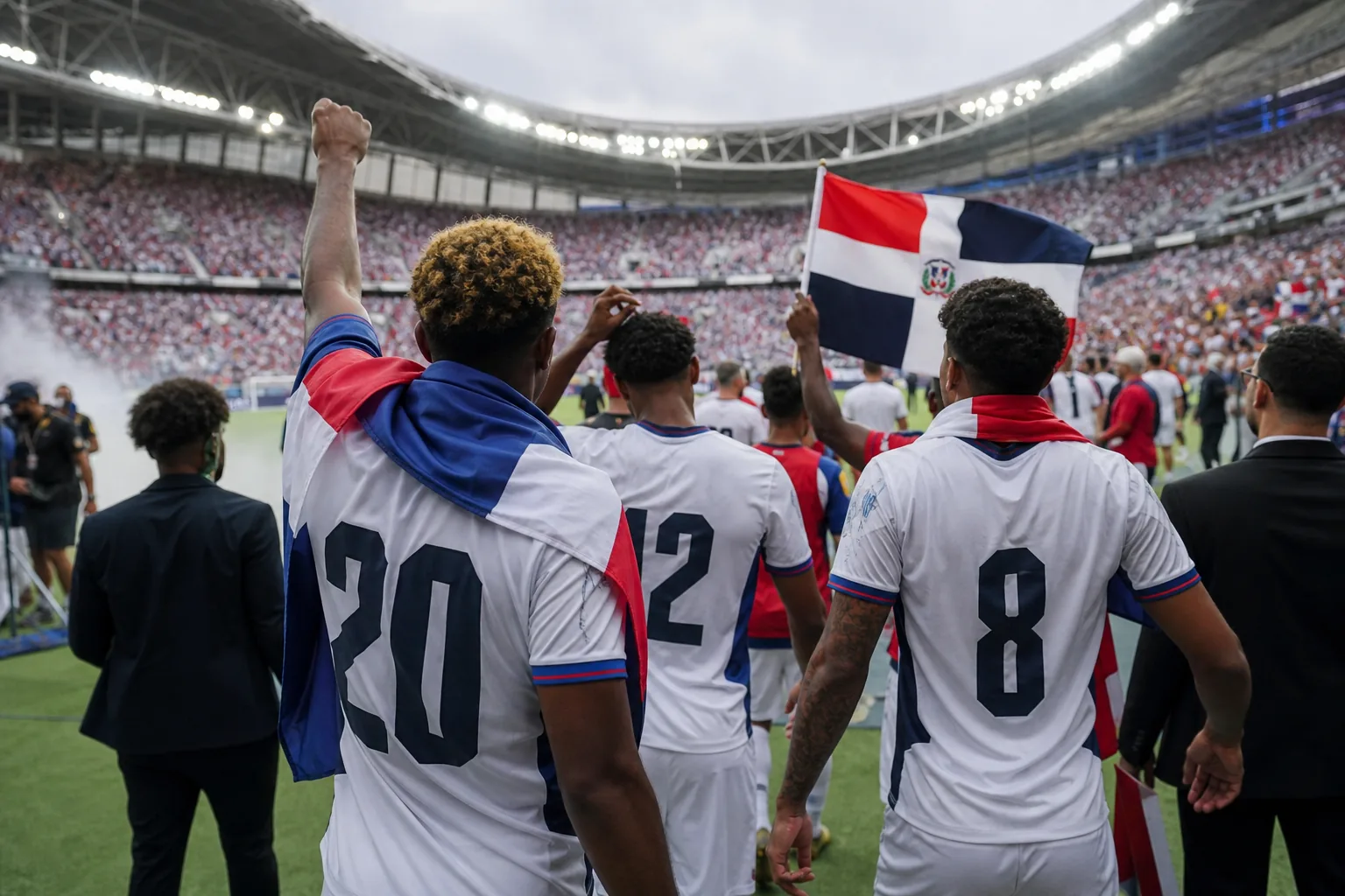 Dominican Republic footballers entering a packed CONCACAF stadium after qualifying for the Gold Cup