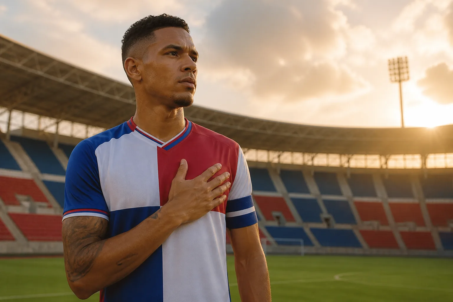 A fictional editorial portrait of Dominican Republic captain Jean Carlos Lopez in a red-white-blue national-team kit