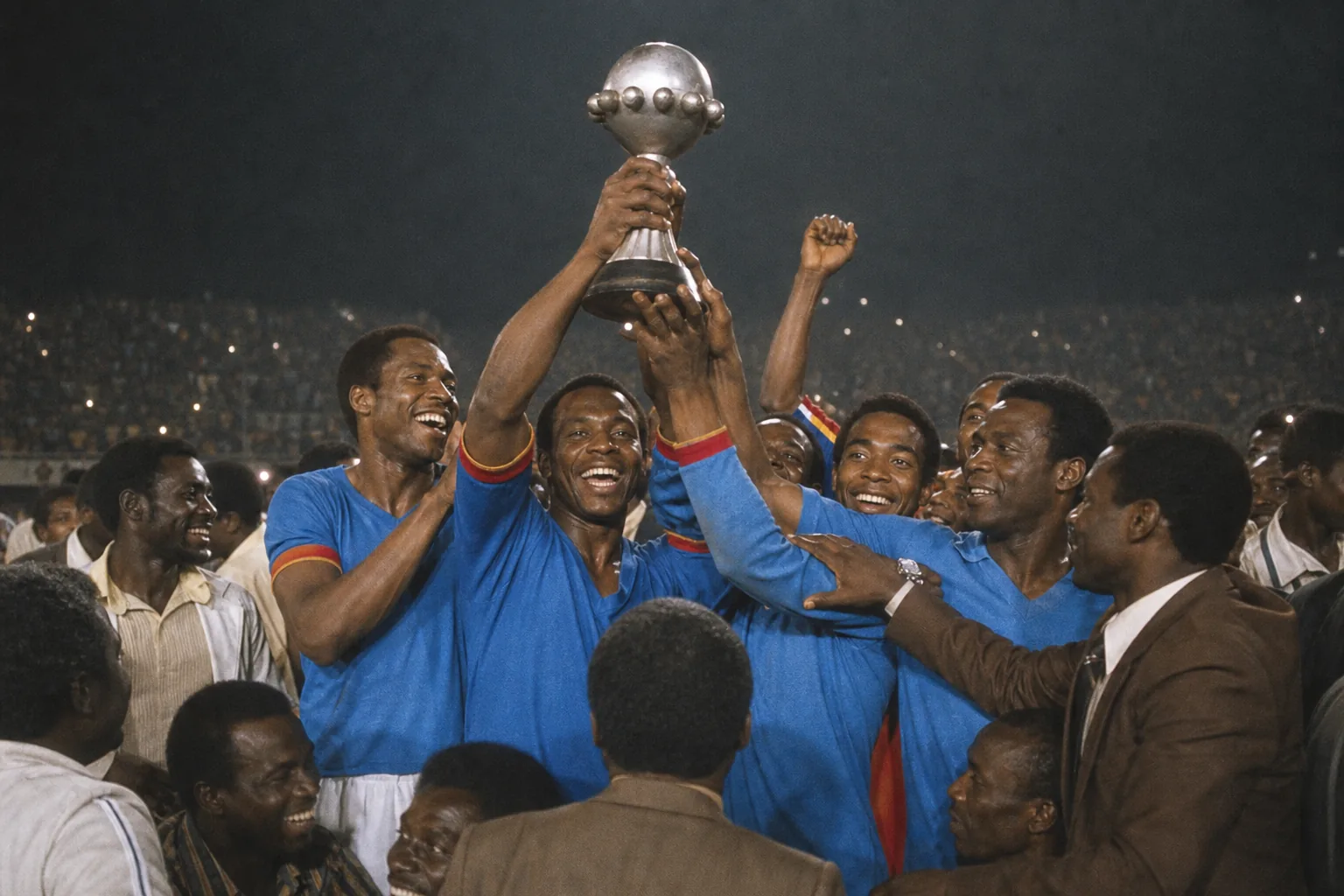 Congo-Kinshasa footballers celebrating their first Africa Cup of Nations title in 1968