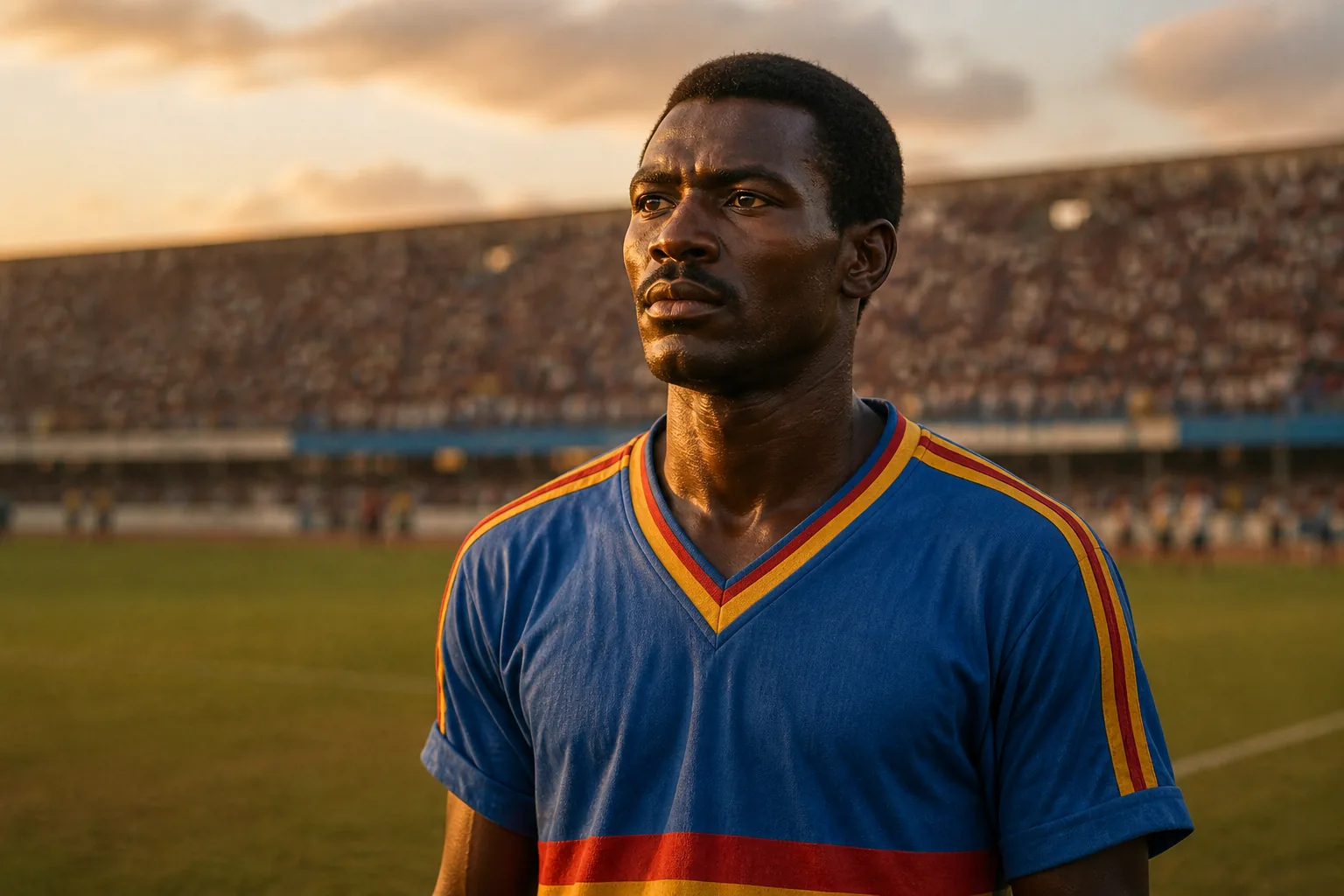 A fictional editorial portrait of DR Congo football legend Ndaye Mulamba in a blue national-team kit