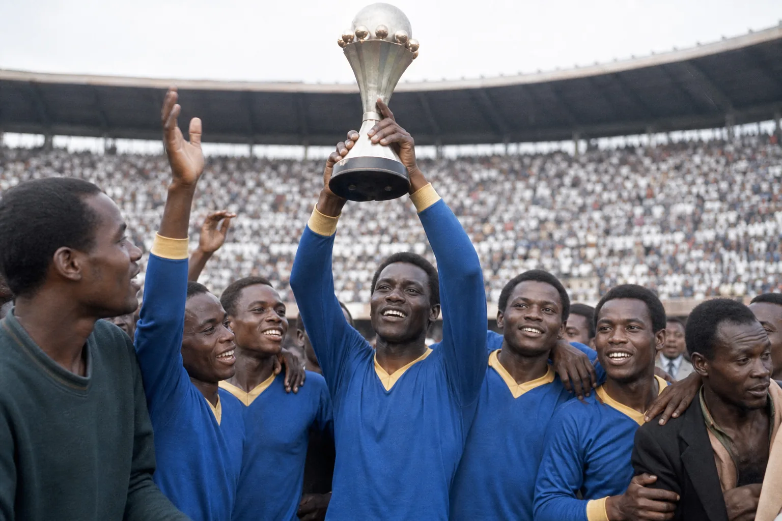 DR Congo footballers preparing together in blue kits beside a continental trophy