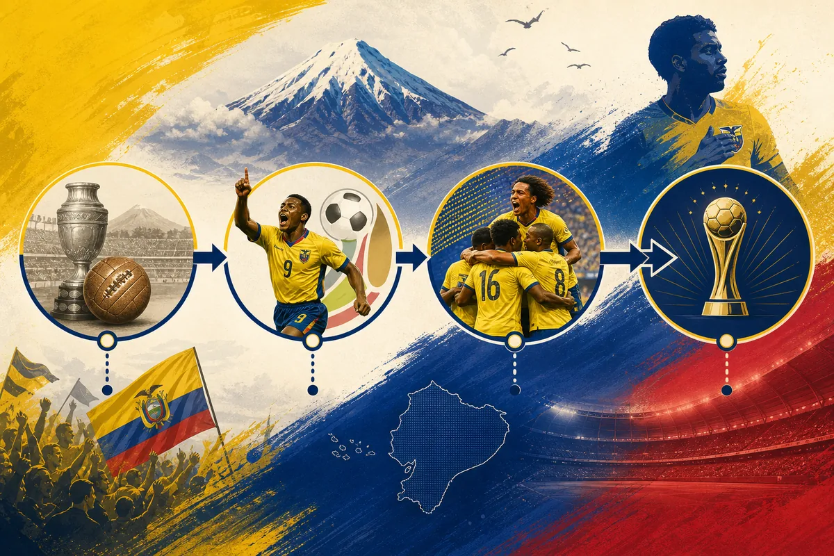 Text-free editorial timeline illustration of Ecuador's Copa América beginnings, 2002 World Cup debut, 2006 round of 16 and first-title target