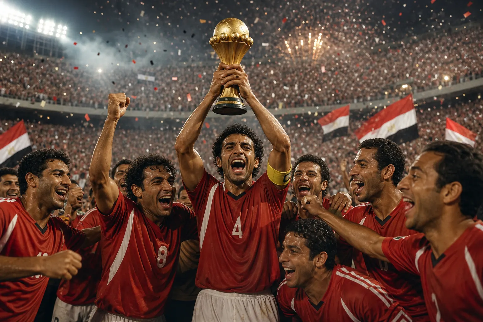 Fictional Egyptian footballers celebrating the 2006 AFCON triumph on home soil
