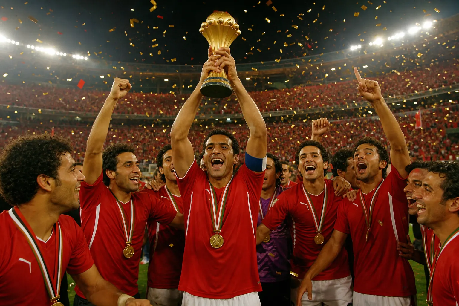 Fictional Egyptian footballers lifting the AFCON trophy after completing three titles in a row