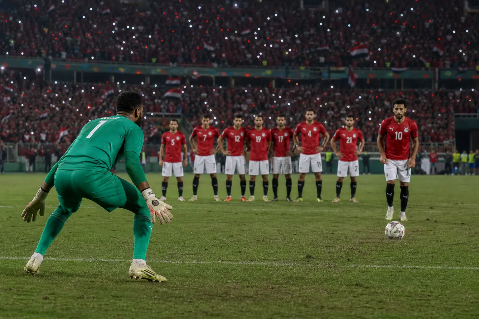 Fictional Egyptian footballers facing the tension of an AFCON final penalty shootout