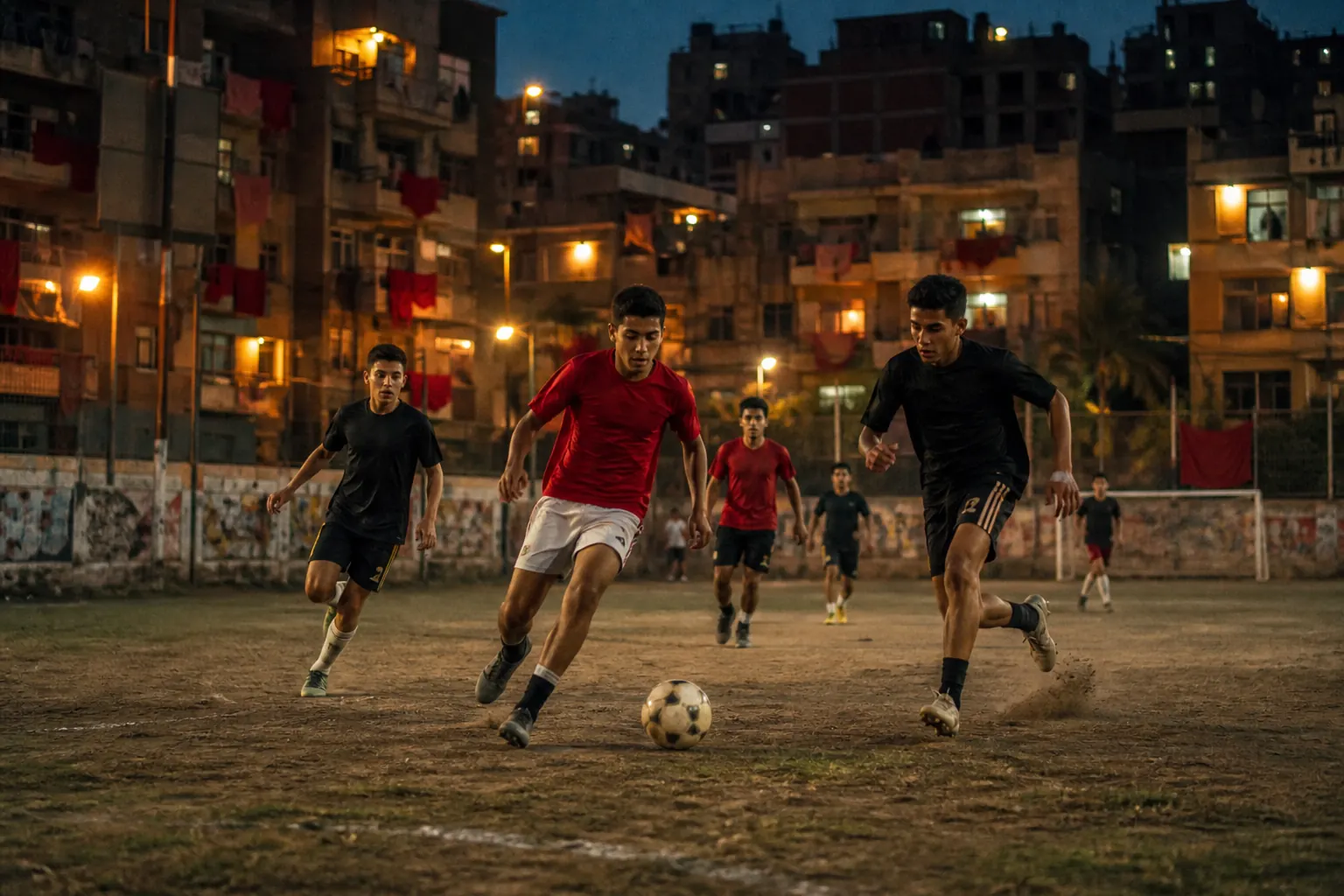 Young fictional Egyptian footballers playing an energetic evening match in Cairo