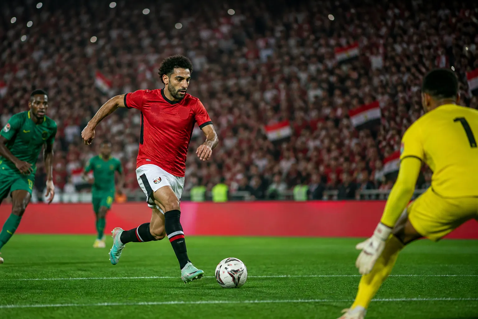 A fictional Egyptian national-team star winger leading an attack in a packed international match