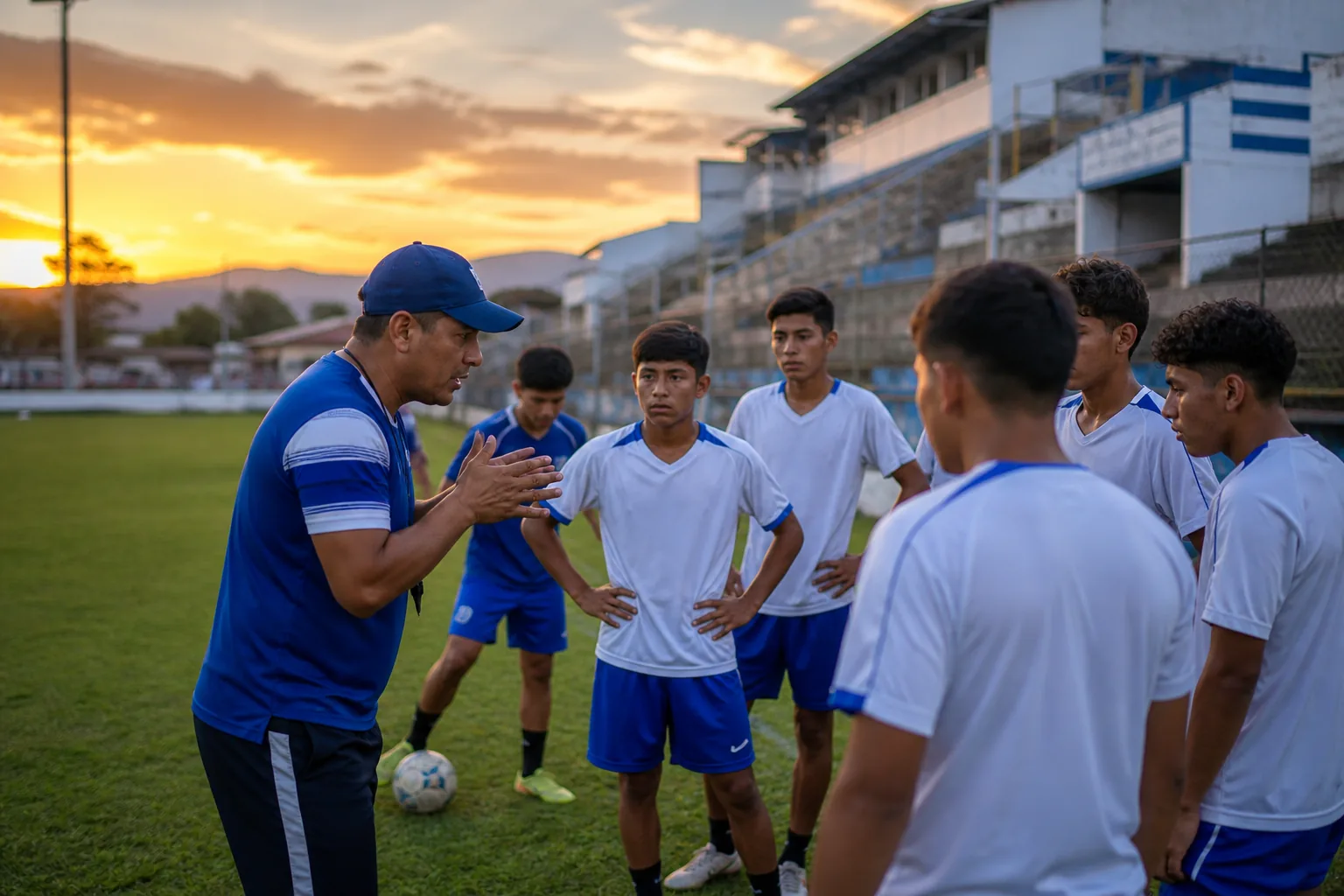 Young Salvadoran footballers training at sunset on a community pitch beside a modest stadium