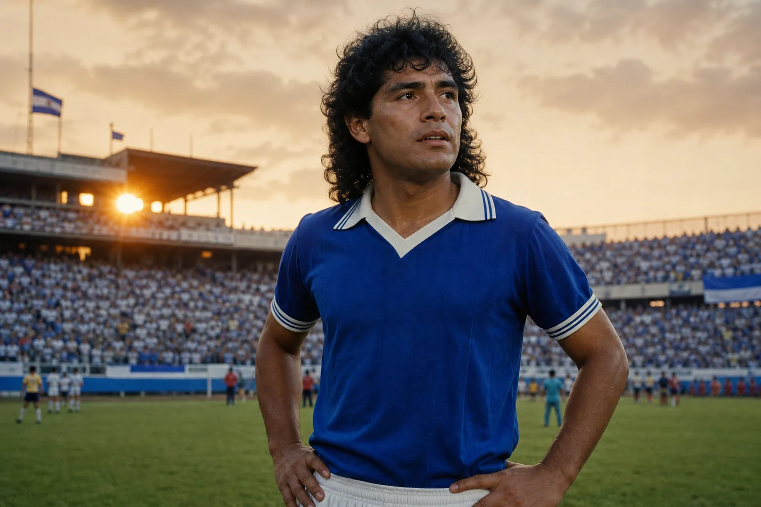 A fictional editorial portrait of El Salvador football legend Magico Gonzalez in a blue-white national-team kit
