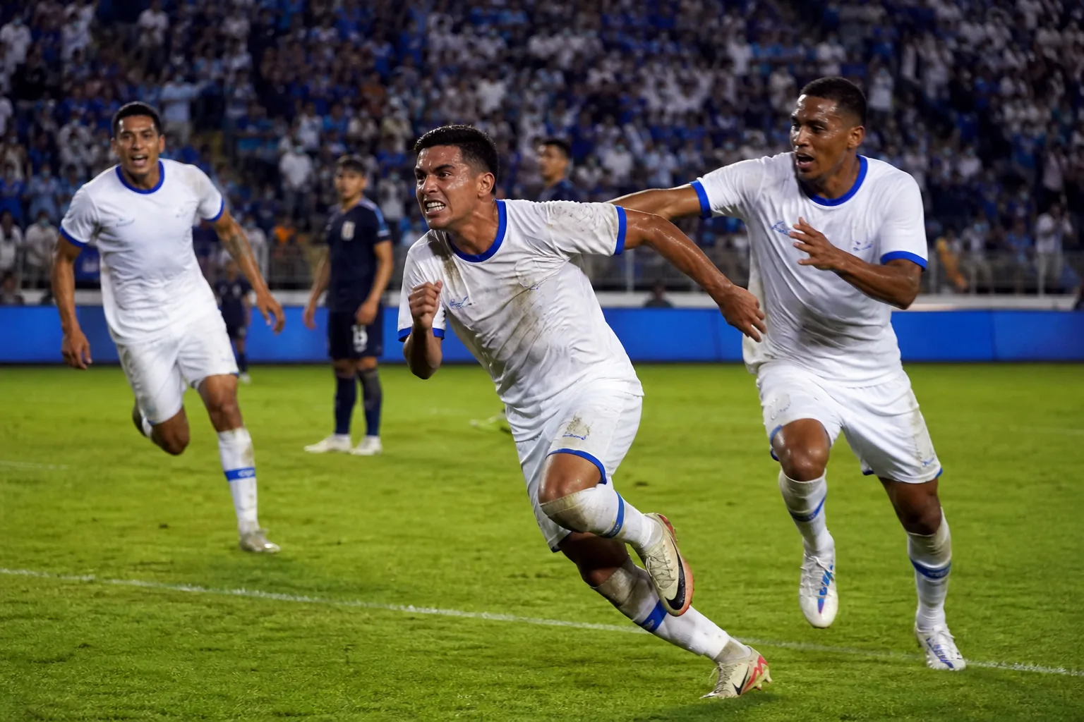El Salvador players entering a period-inspired World Cup stadium in Mexico