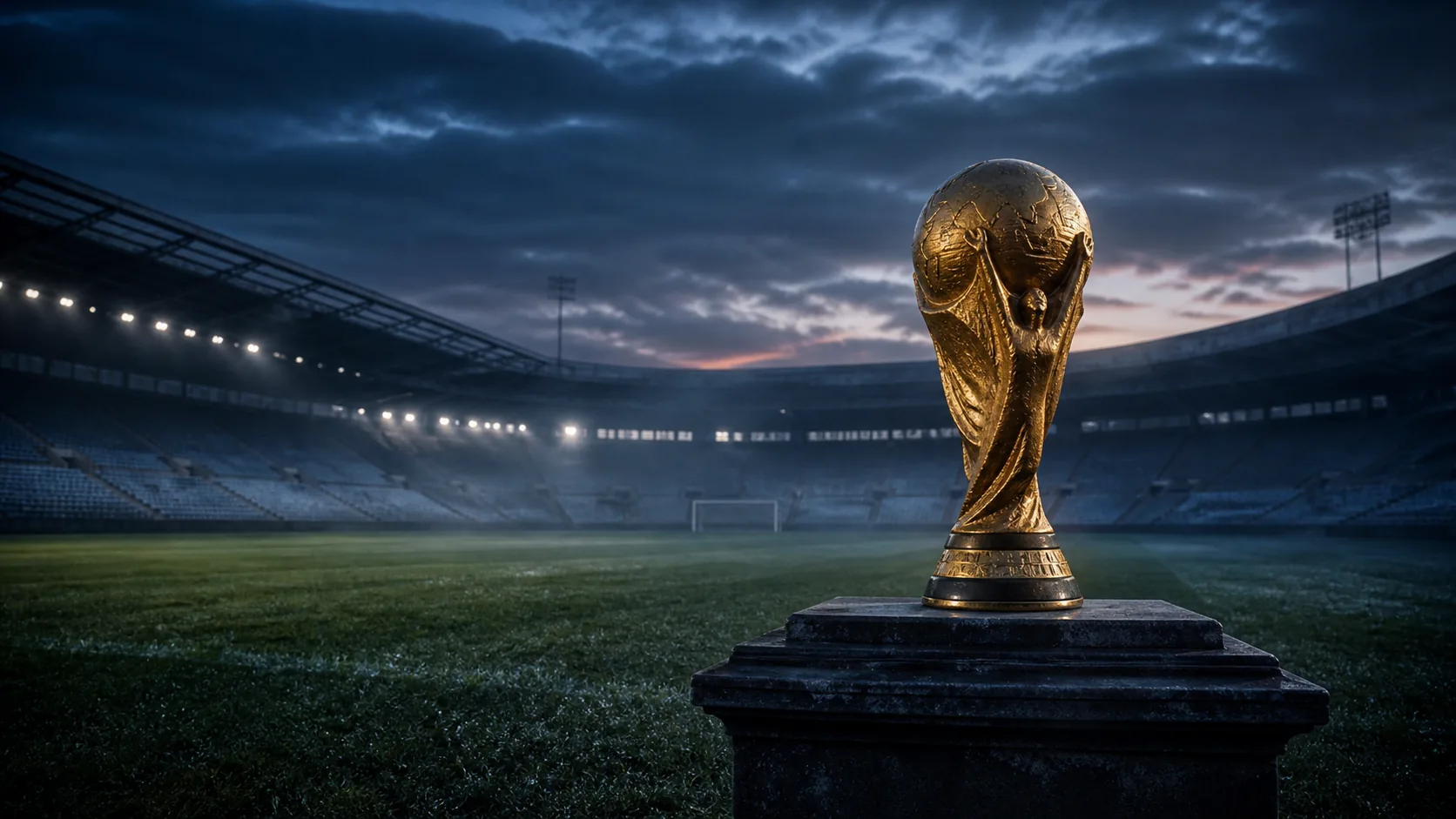 An empty football stadium at dusk with the 1966 World Cup trophy in the foreground
