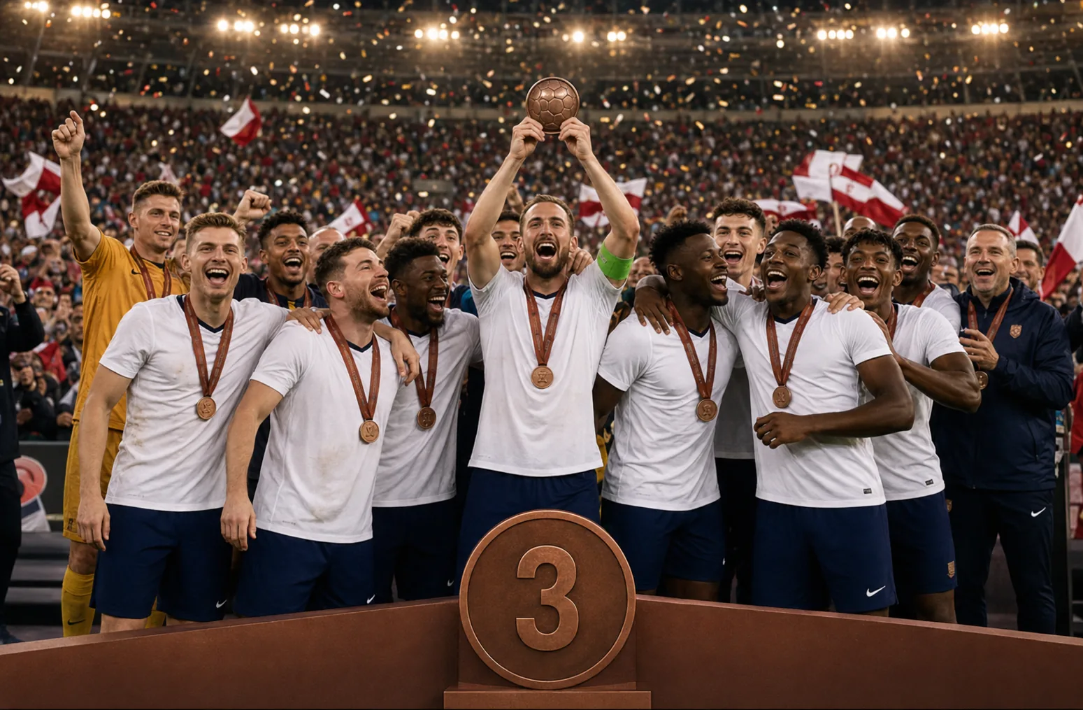 England players celebrating a World Cup bronze-medal victory in a packed stadium