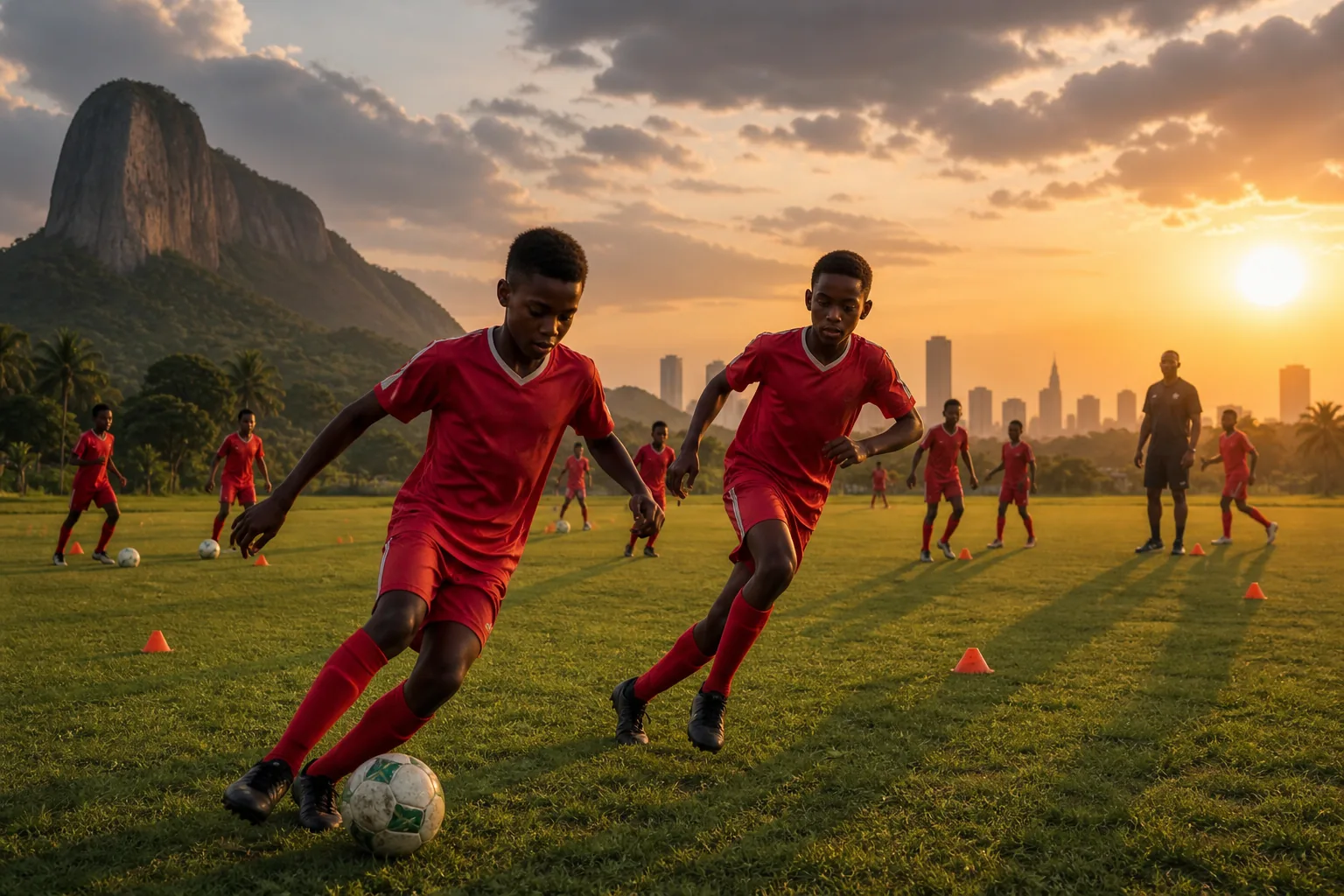A fictional editorial portrait inspired by Equatorial Guinea forward Emilio Nsue in a red national-team kit