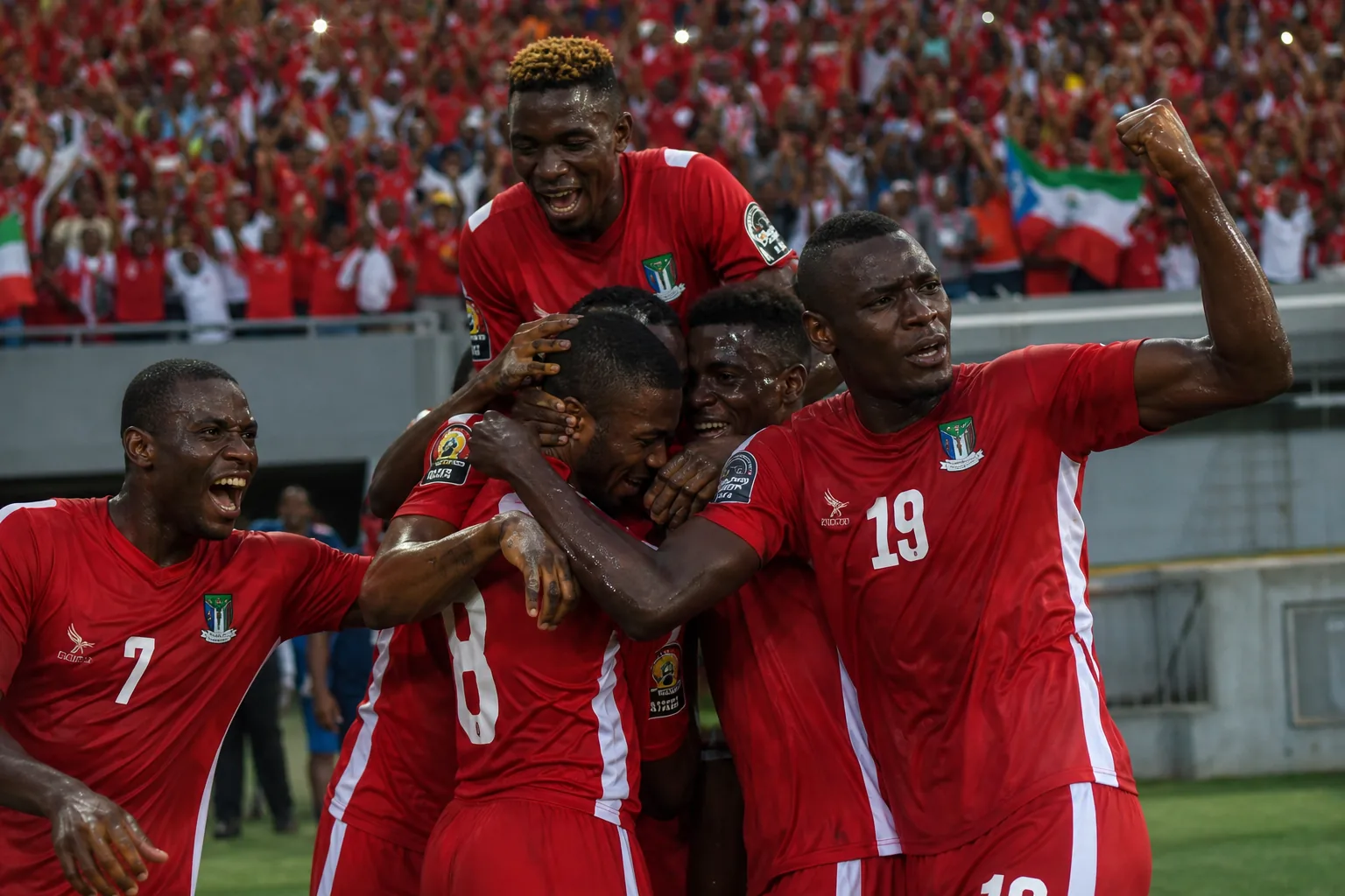 Equatorial Guinea national team preparing together in red kits before an Africa Cup of Nations match