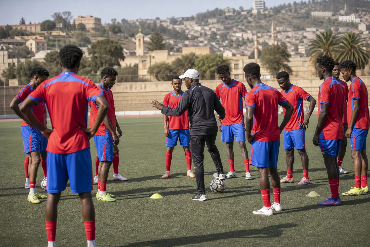 Eritrea footballers competing in the 2019 CECAFA Cup final in an East African stadium