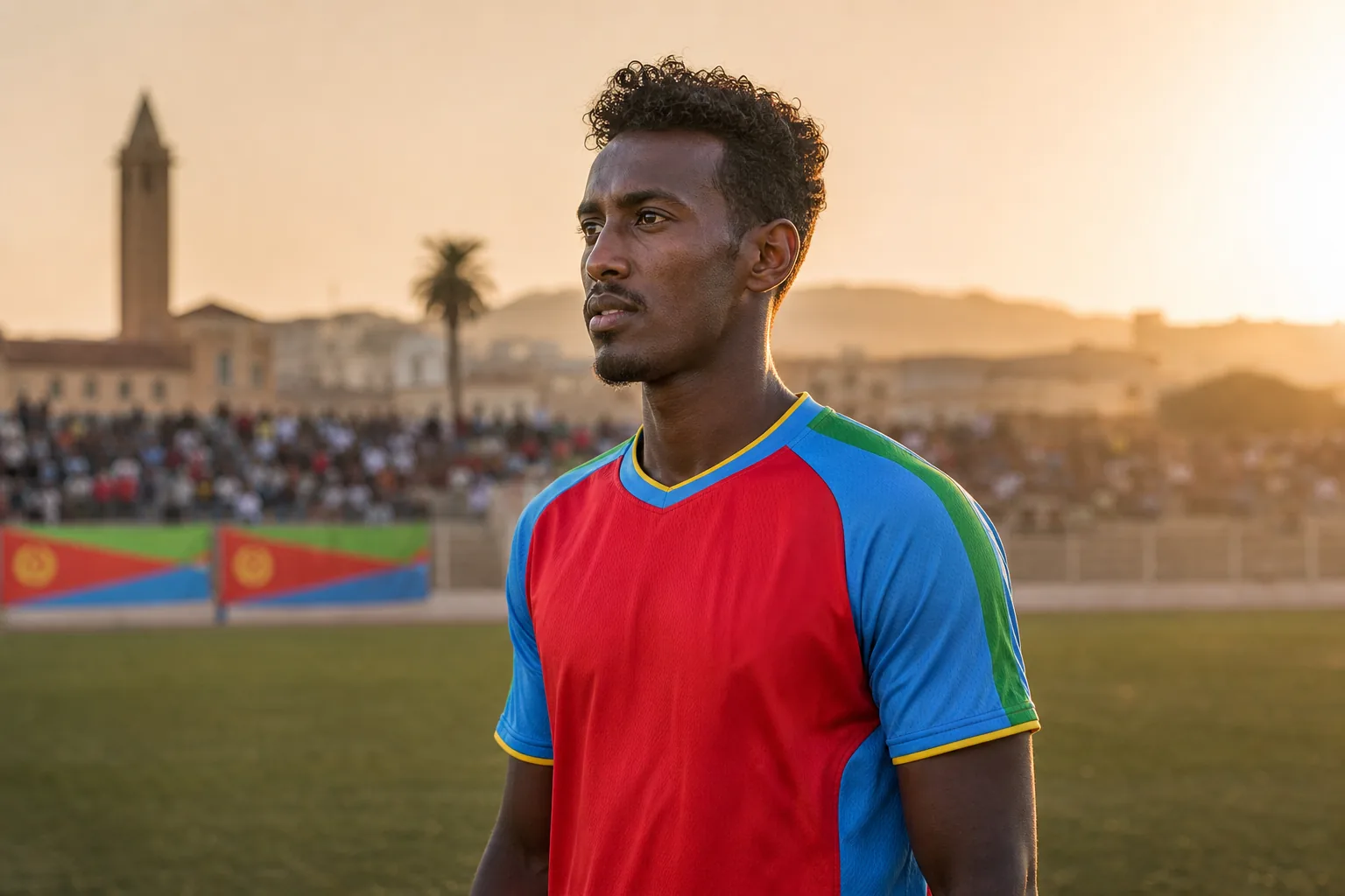 A fictional editorial portrait of Eritrean striker Henok Goitom on an Asmara football ground