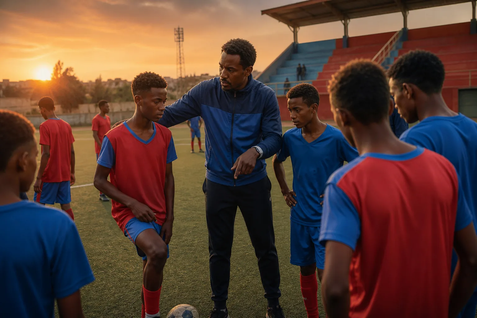 Young Eritrean footballers training at sunset on a community pitch beside a modest stadium