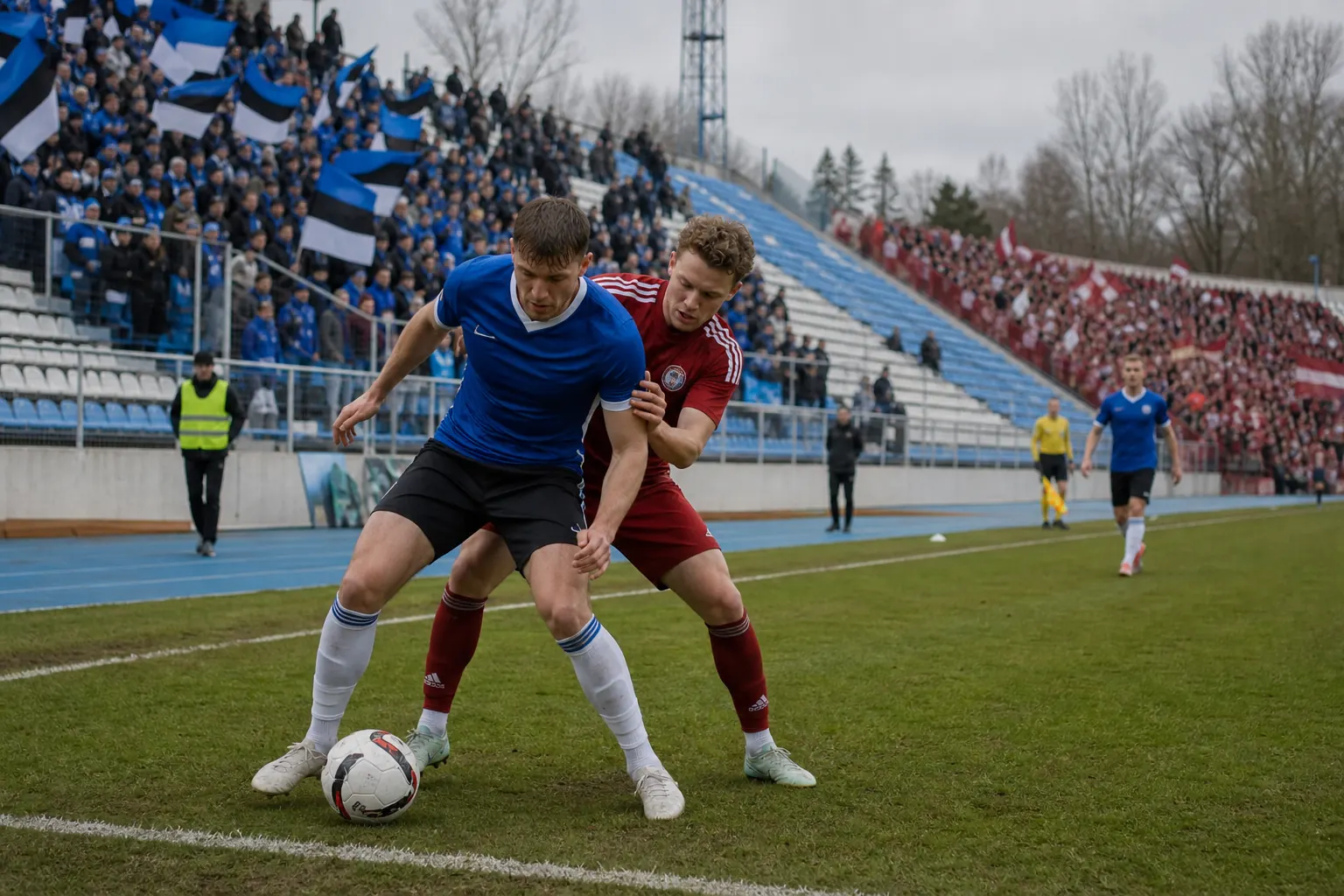 Fictional Estonian footballers contesting an intense Baltic Cup derby against Latvia