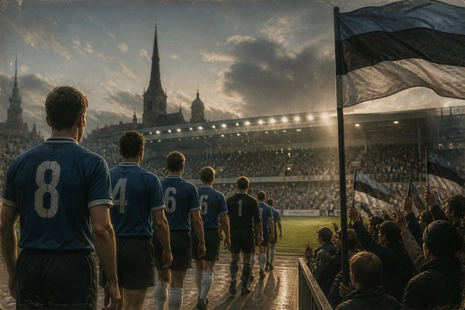 Fictional Estonian footballers walking onto a historic Baltic stadium pitch