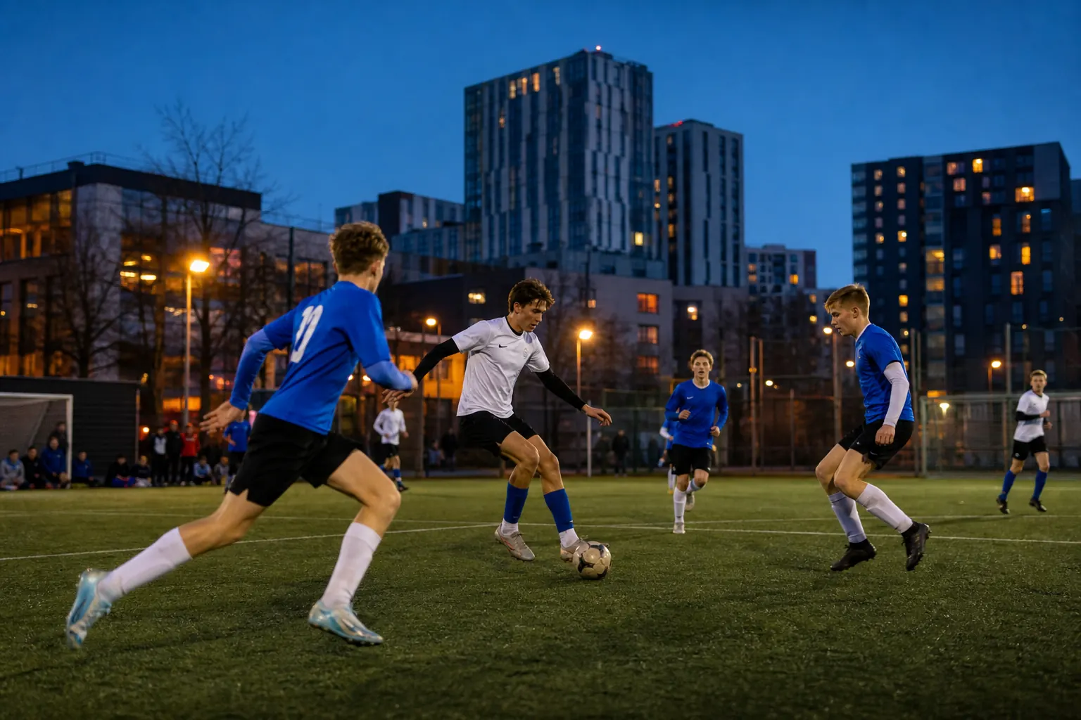 Young fictional Estonian footballers playing an intense evening match in Tallinn