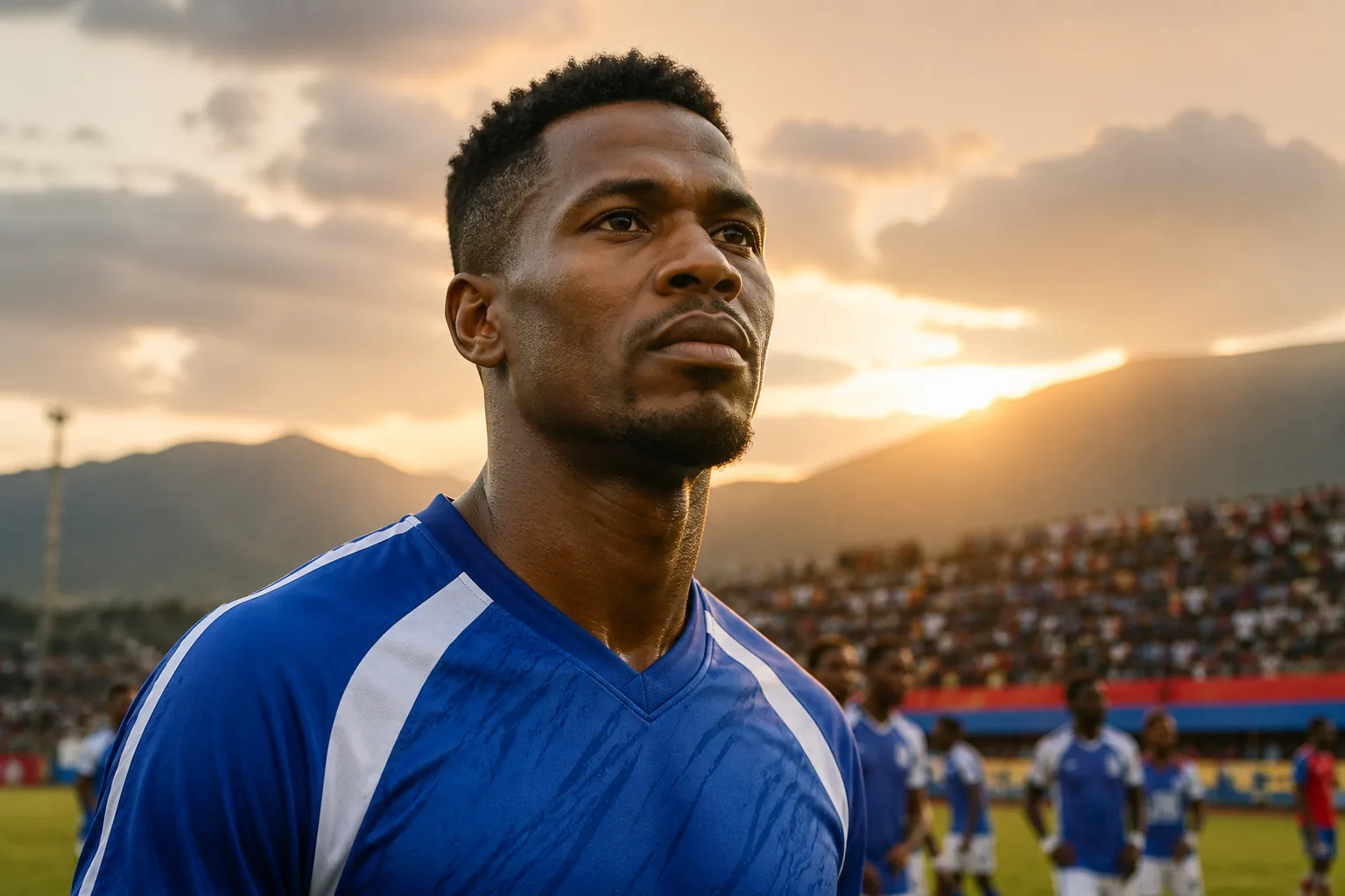 A fictional editorial portrait of Eswatini football legend Dennis Masina in a blue-and-white national-team kit