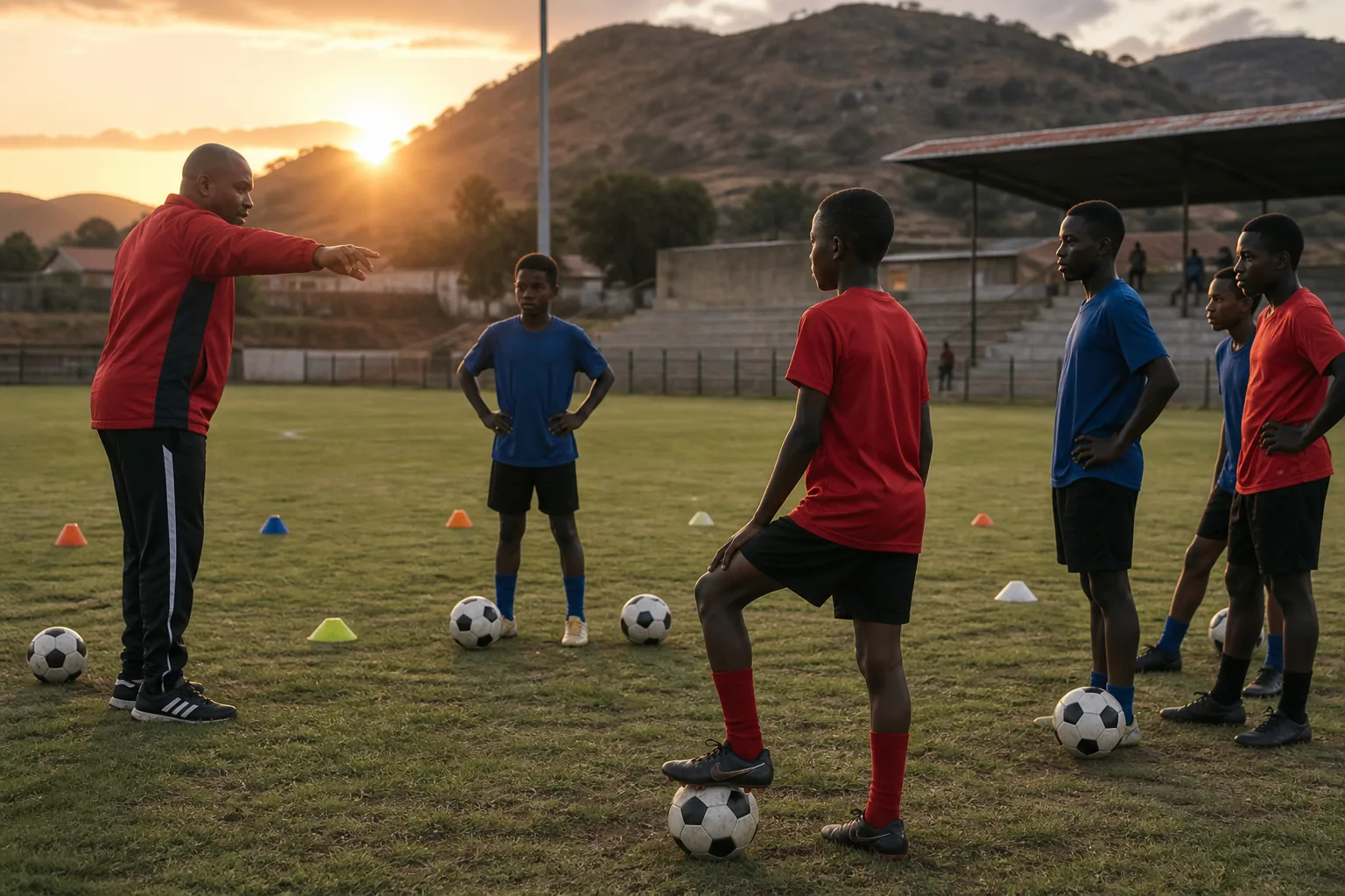 Young Eswatini footballers training at sunset on a community pitch beside a modest stadium