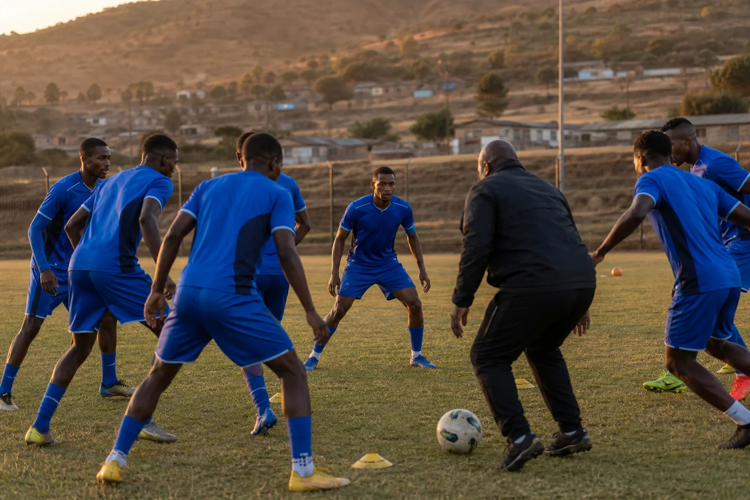 Eswatini national football team, the Sihlangu, training together on a southern African football pitch