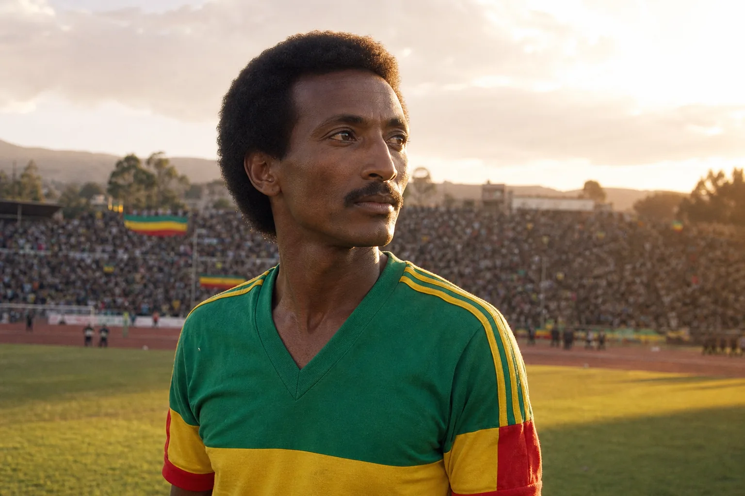 A fictional editorial portrait of Ethiopian football legend Mengistu Worku in a vintage national-team kit