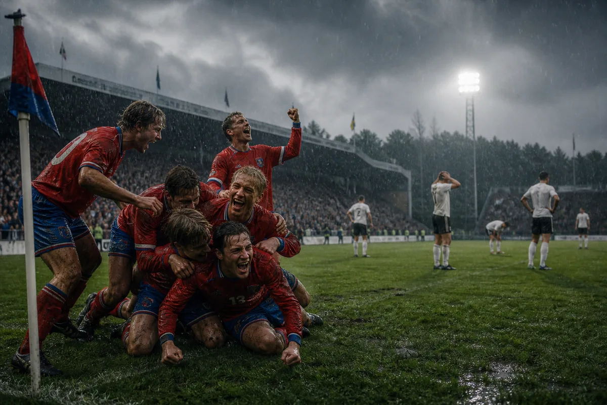 Fictional Faroe Islands players celebrating a famous 1990 qualifying upset in heavy rain