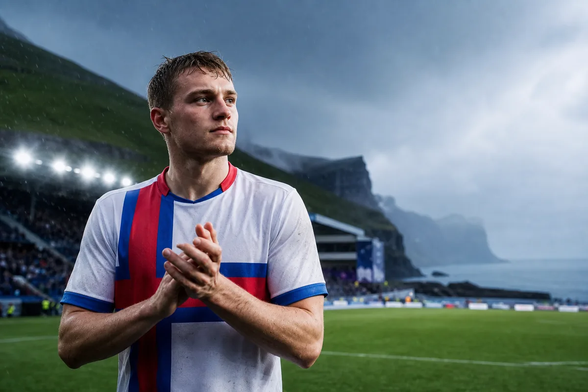 A fictional Faroe Islands national-team attacking midfielder inspired by Jóan Símun Edmundsson standing before a stormy island stadium