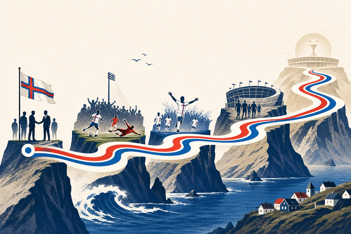 Text-free editorial timeline illustration of the Faroe Islands' path from FIFA membership to famous upsets and a first-finals dream