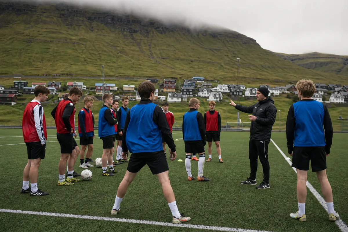 Young Faroese footballers training on an artificial pitch beneath rugged green hills