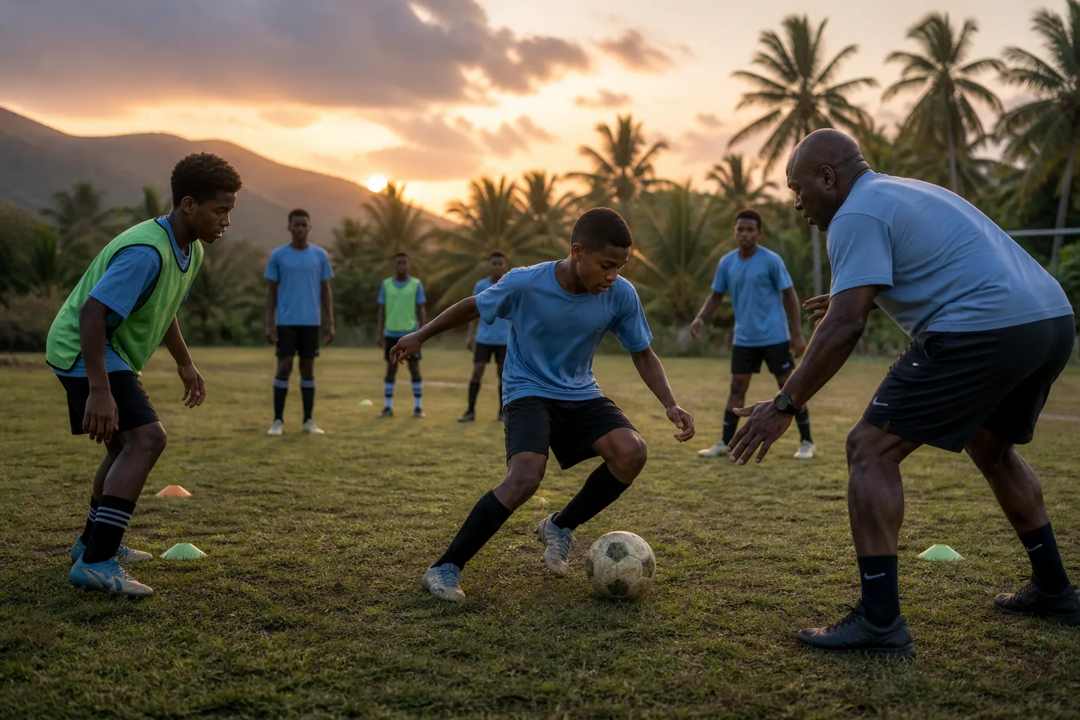 Fijian football supporters and community players gathered around a local tropical island match