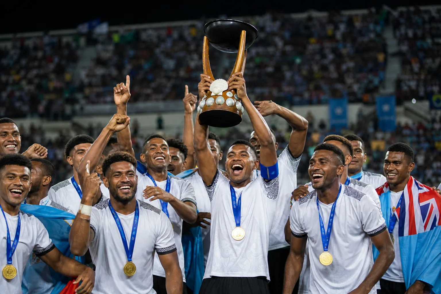 Fiji national football team preparing together in white kits on a tropical island football ground