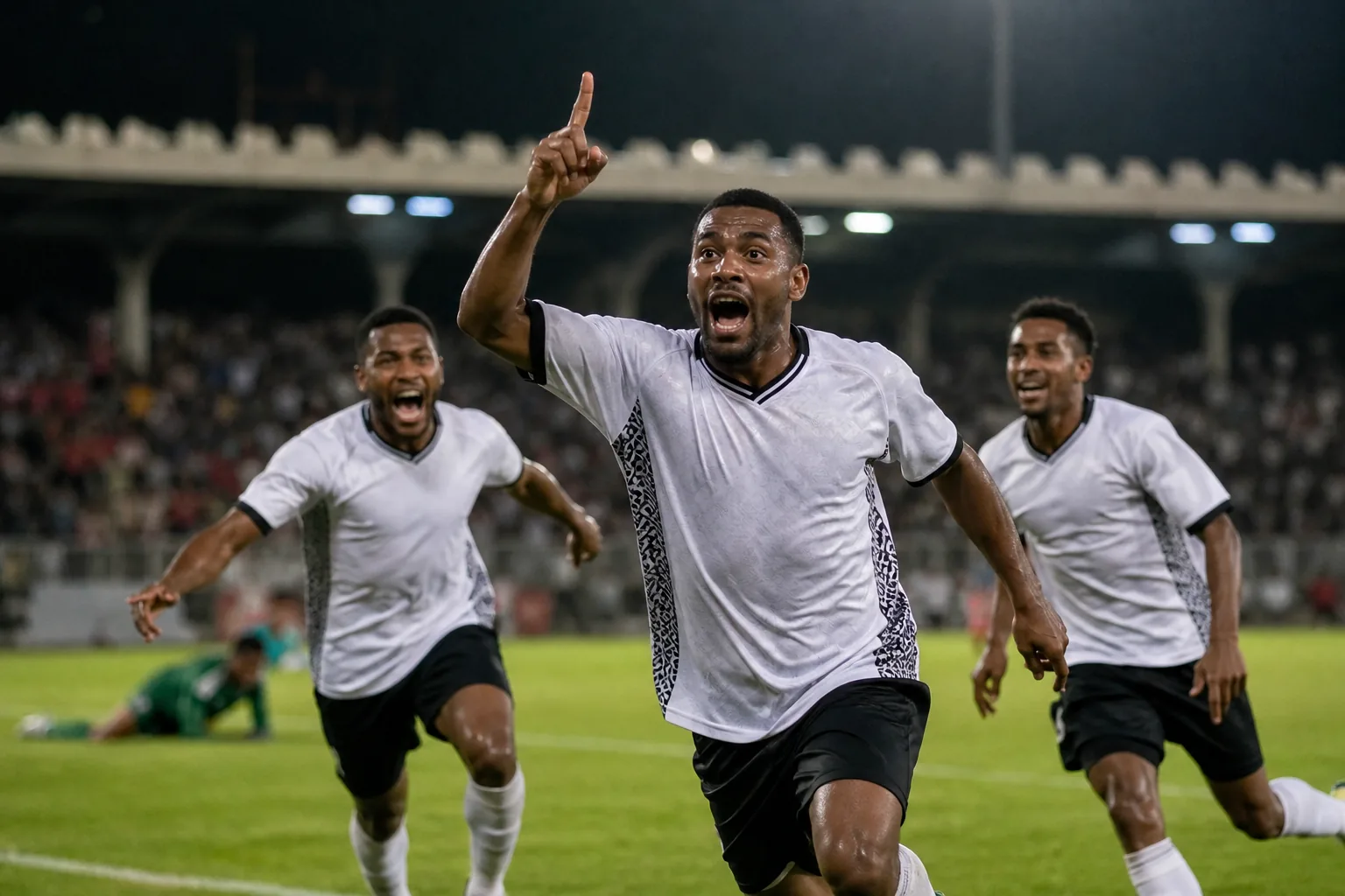 Fiji footballers celebrating a Pacific Games title with a regional trophy in a tropical stadium