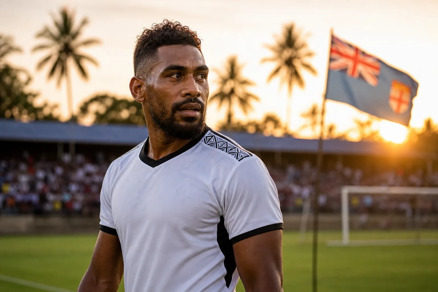 A fictional editorial portrait of Fijian forward Roy Krishna on a tropical football ground