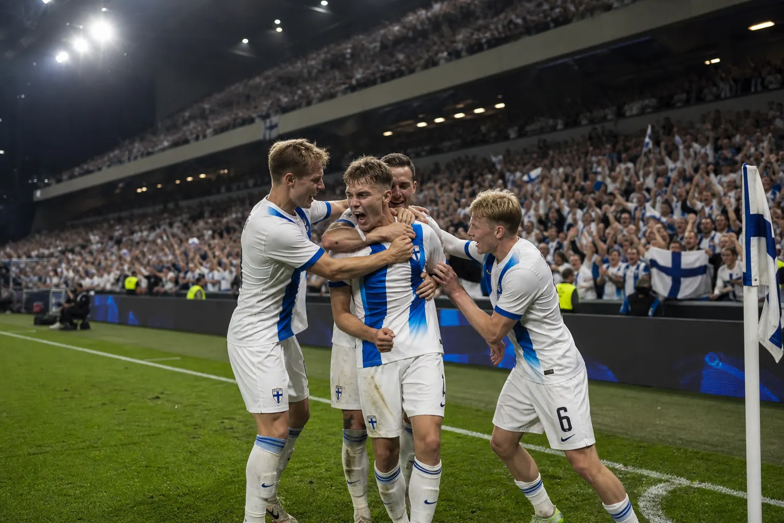 Fictional Finnish footballers celebrating a hard-fought victory in Copenhagen