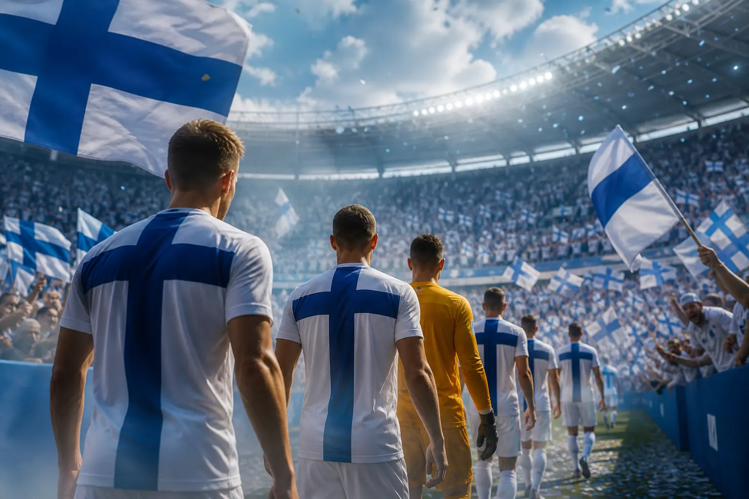 Fictional Finnish footballers walking onto their first European Championship pitch